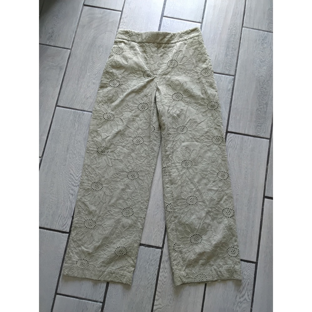 Zara Green Floral Eyelet Lace Wide Leg Pants High Waist Cotton Size L‎